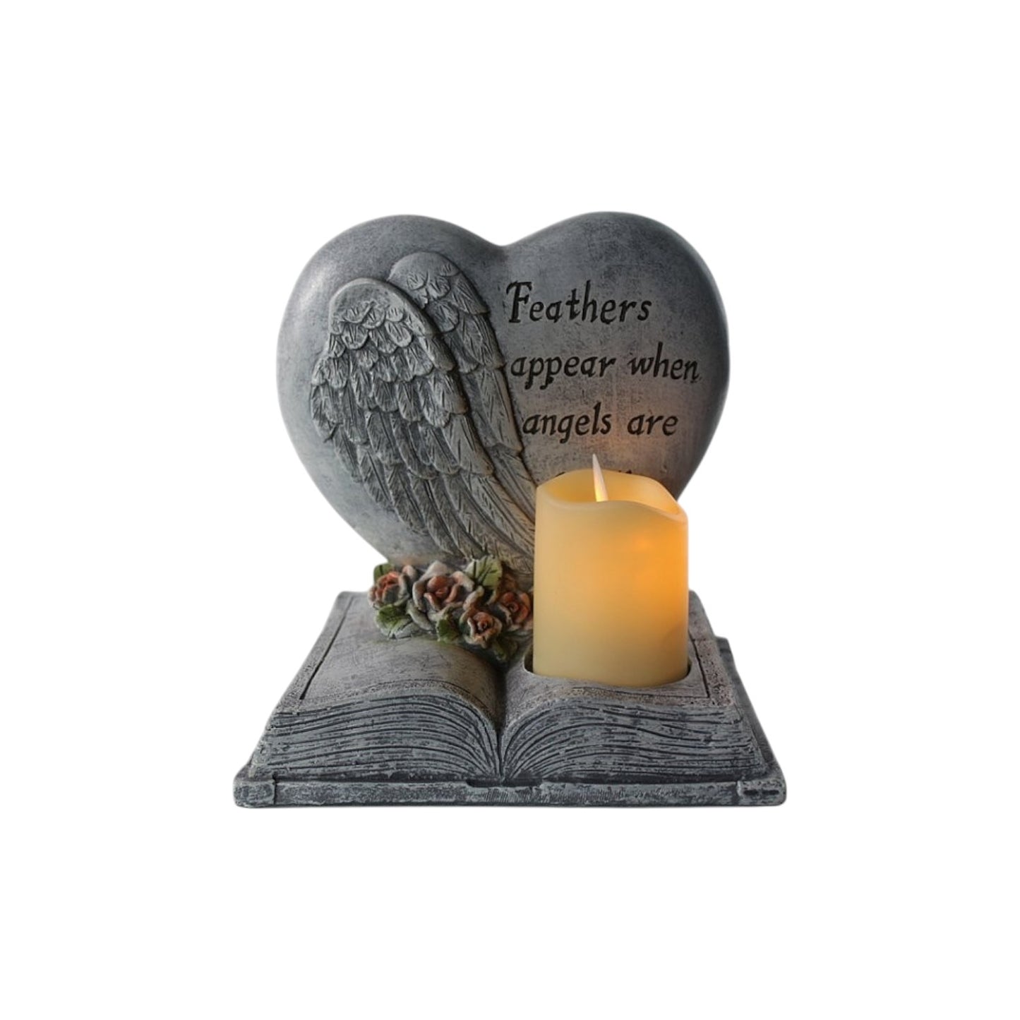 Gedenkstein Herz auf Buch aus Polyresin mit LED Kerze