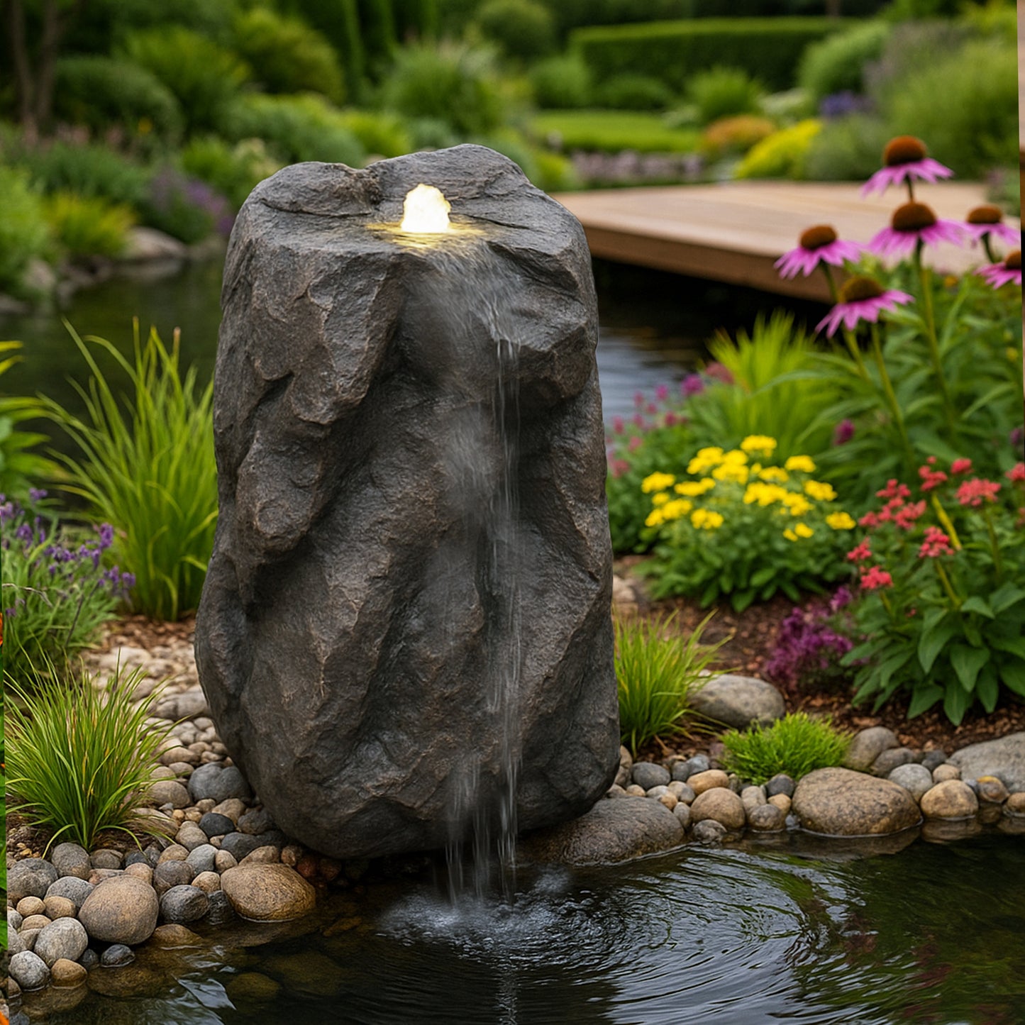 Künstlicher Quellsteinfelsen mit LED Beleuchtung OG-KQS001 Realistische Steinoptik, inkl. 2 m Schlauch – Wetterfest für Teich & Bachlauf