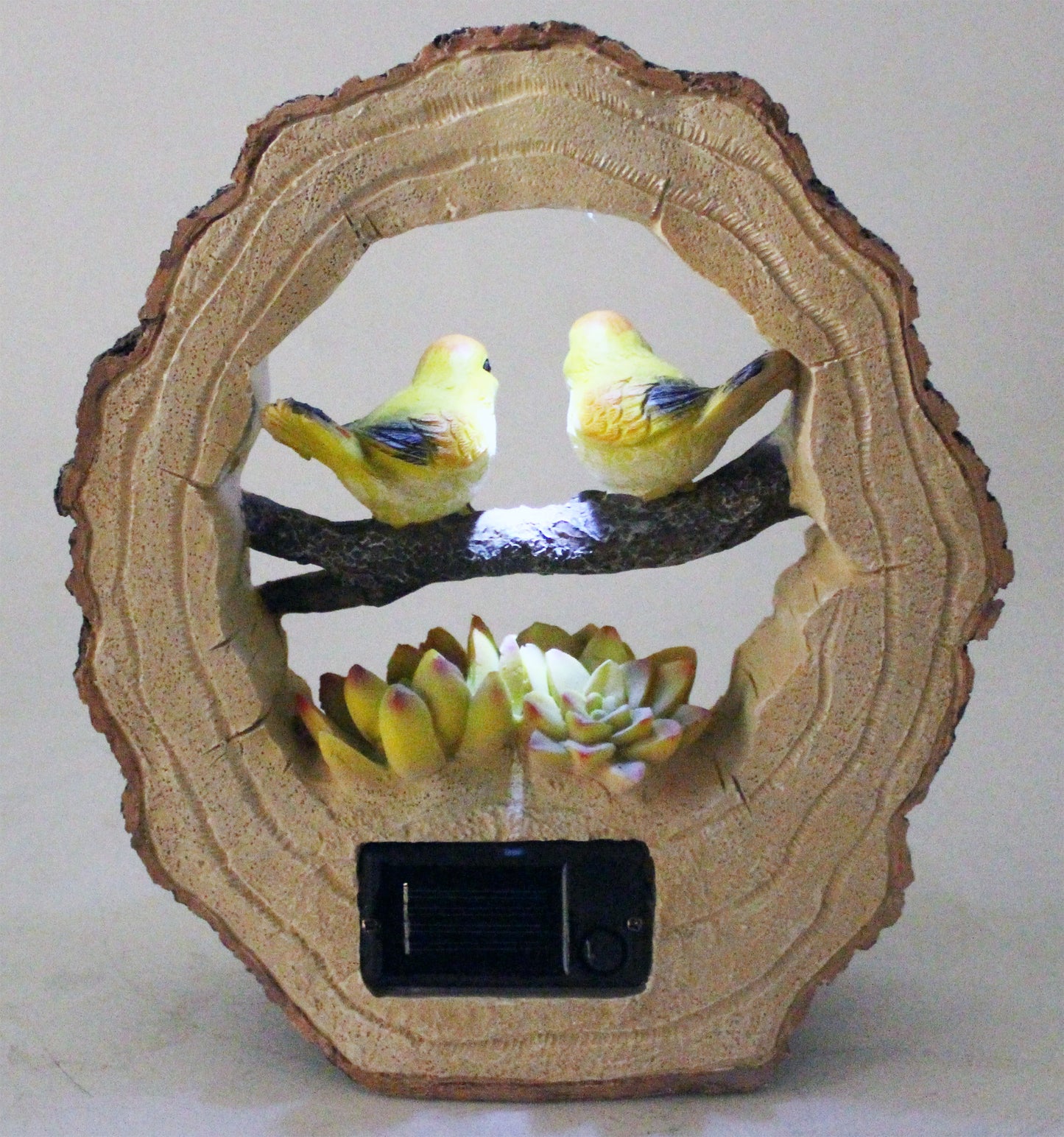 Solar Gartenfigur Welcome Baumstamm mit Vögeln Schild Figur beleuchtet