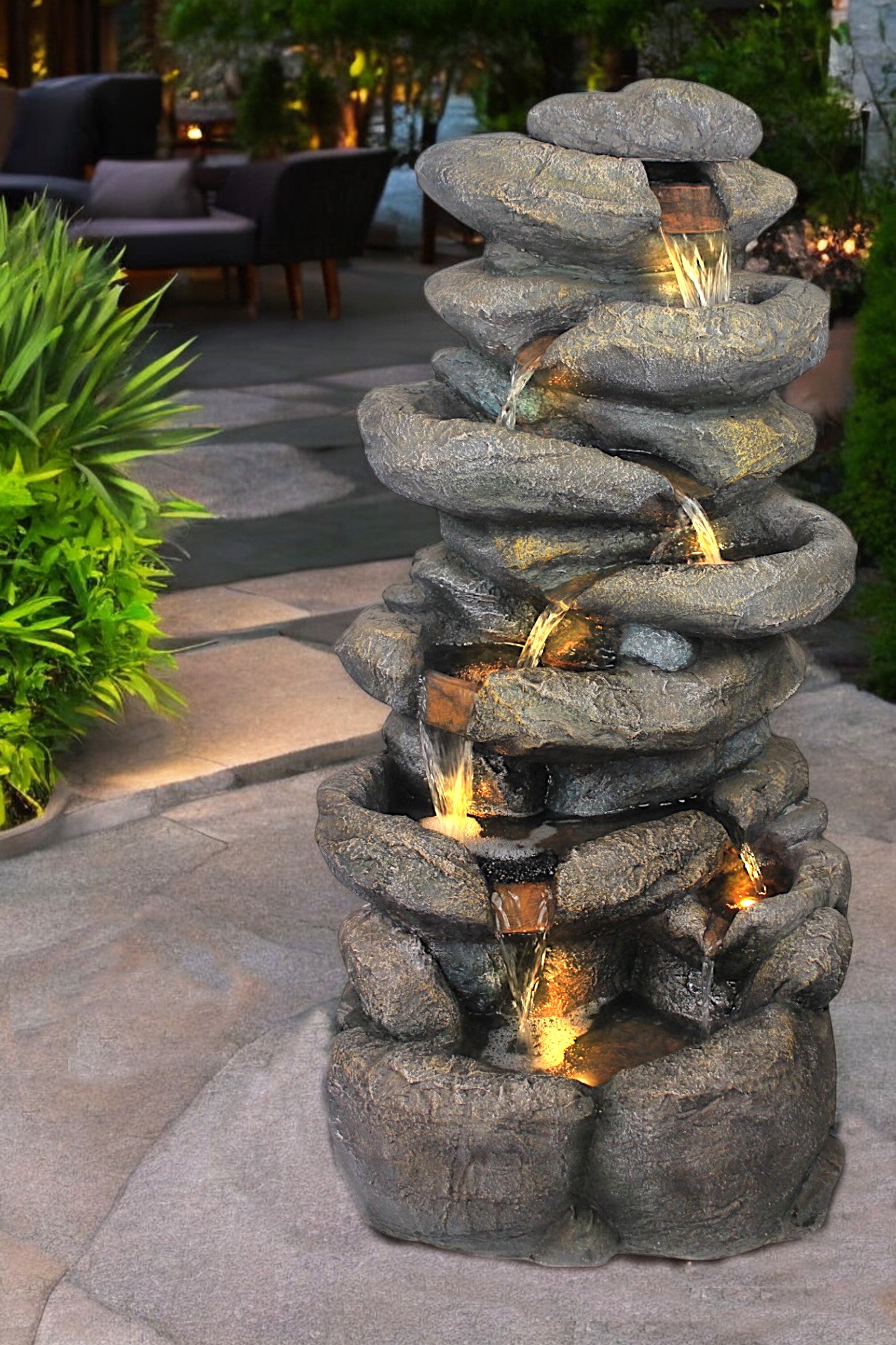 Großer Gartenbrunnen BK902 mit LED Beleuchtung Felsen Wasserfall Springbrunnen Gartendeko Groß