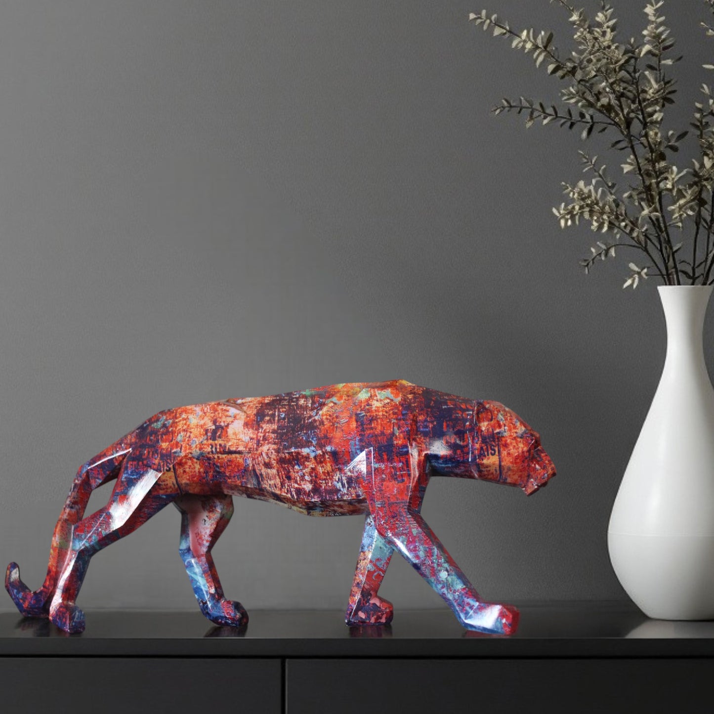 Jaguar Dekofigur Pop Art 49 cm Geometrisches Design Bunte Graffiti Optik Modern und Stylisch