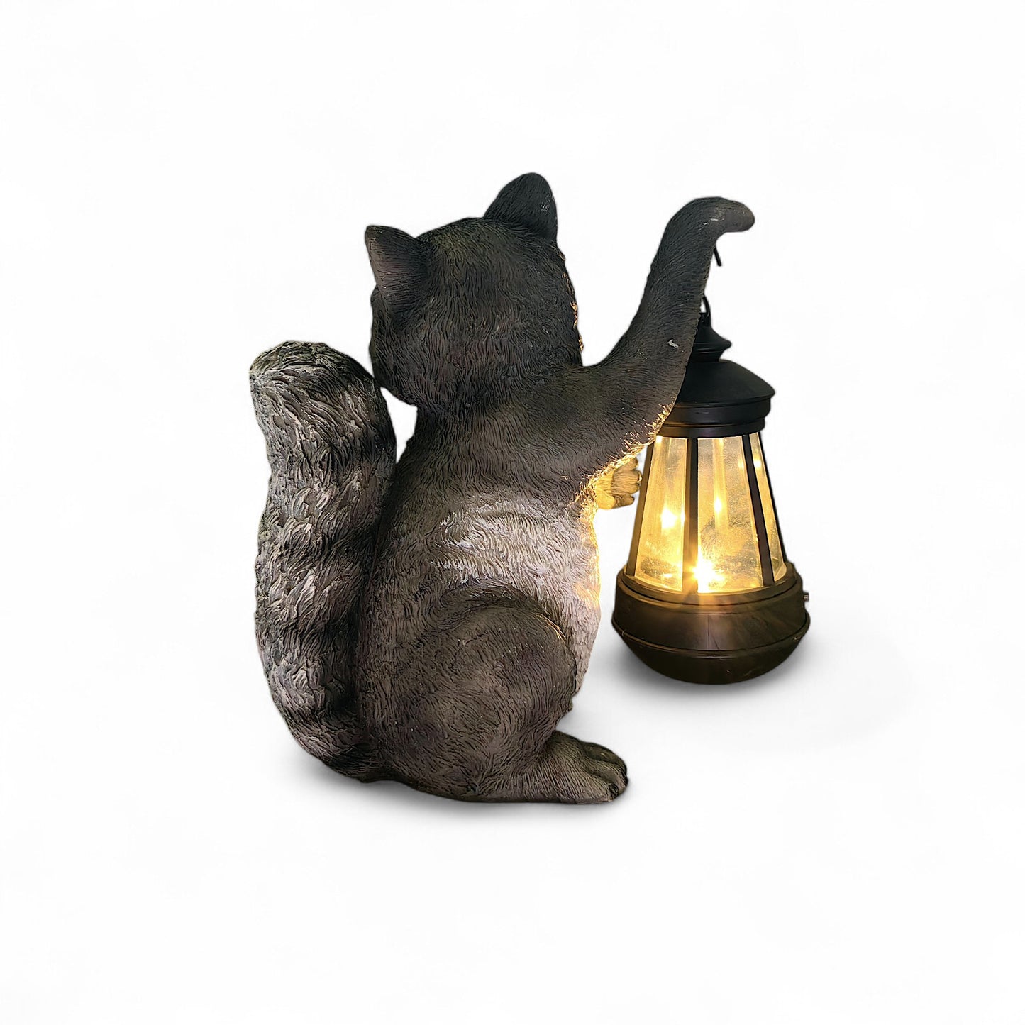 Waschbär Solarleuchte mit LED Laterne Solarlampe Gartenfigur aus Polyresin – warmweißes Licht bei Dämmerung – wetterfeste Deko 21 cm mit austauschbarem Akku