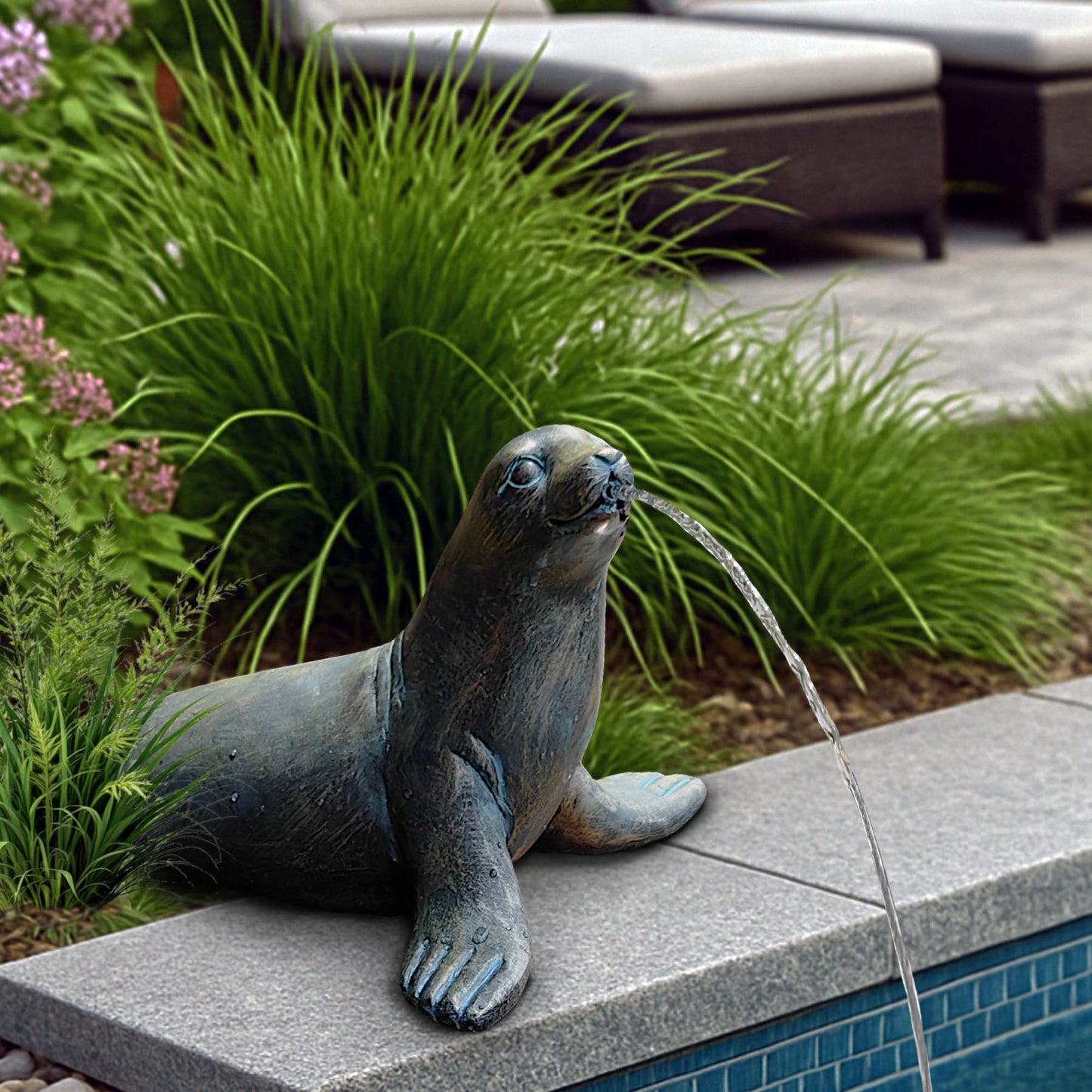 Seehund Wasserspeier solarbetrieben – Teichfigur mit Solarpumpe & Wasserspiel – Gartendeko aus Polyresin in Bronze-Optik – 30 × 23 × 20 cm – Solarteichfigur für Gartenteich & Wasserlauf