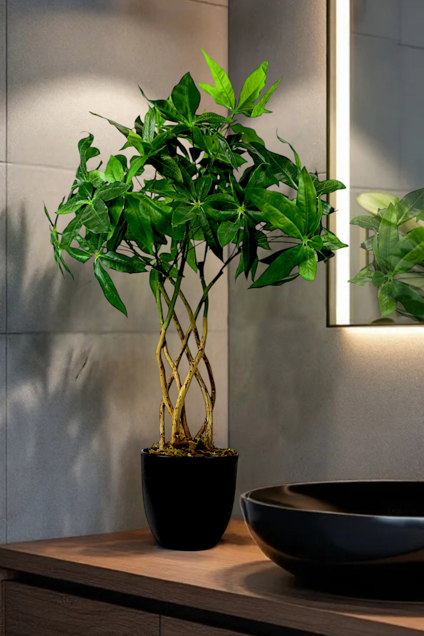 Künstliche Pflanze 65 cm im Topf Grünpflanze Zimmerpflanze Kunstpflanze mit Flecht-Stamm