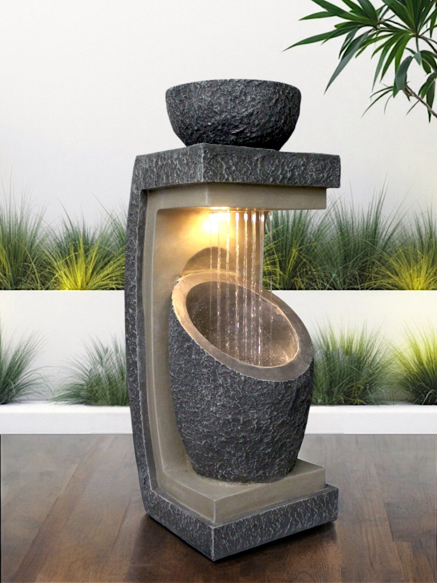 Gartenbrunnen mit LED Beleuchtung WIN 30 moderner Springbrunnen bepflanzbar Gartendekoration Steinoptik 81 cm