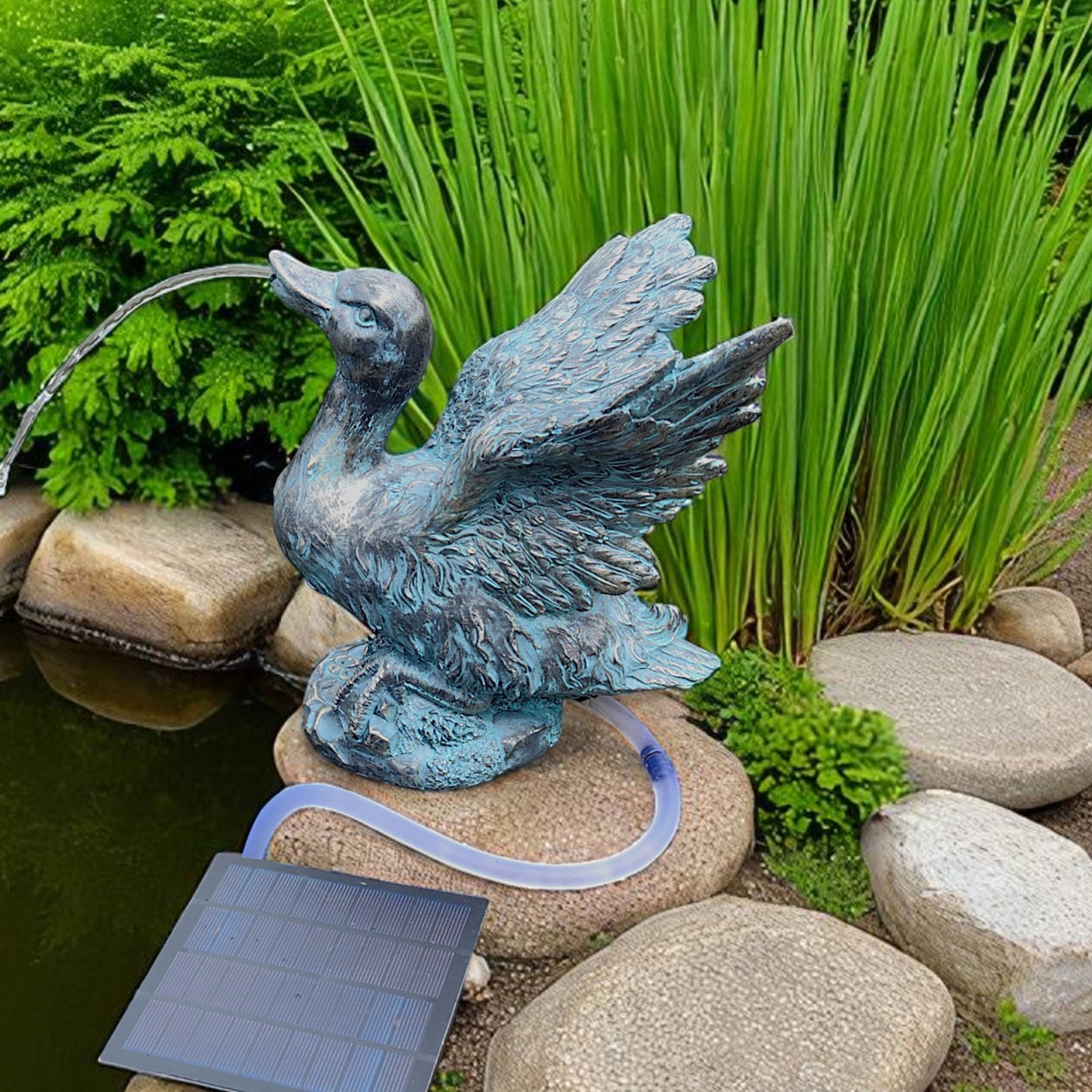 Solar Wasserspeier Ente Kupferoptik Gartenbrunnen Teichdeko Gartenfigur Springbrunnen Solarpumpe WSP11