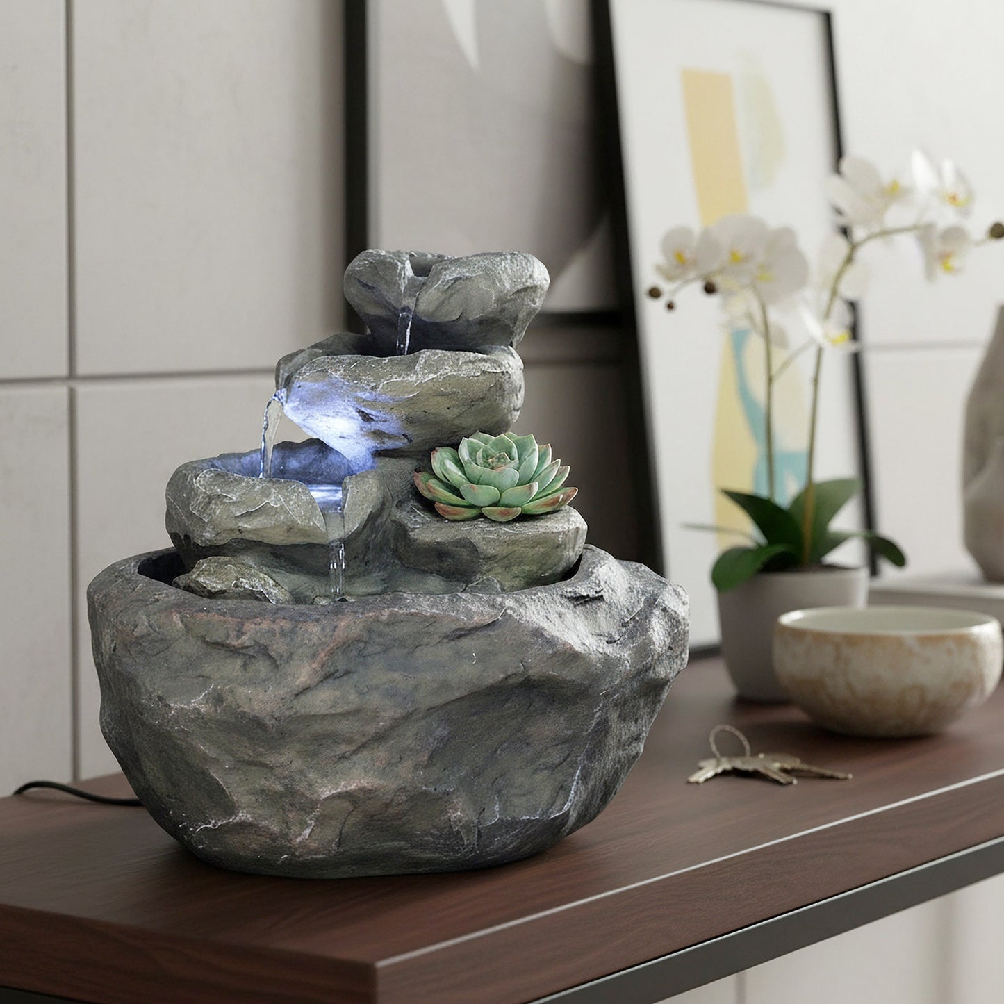 Zimmerbrunnen in Fels-Optik mit LED Beleuchtung Tischbrunnen Wasserspiel SB-LR002 Wasserfall Deko Brunnen