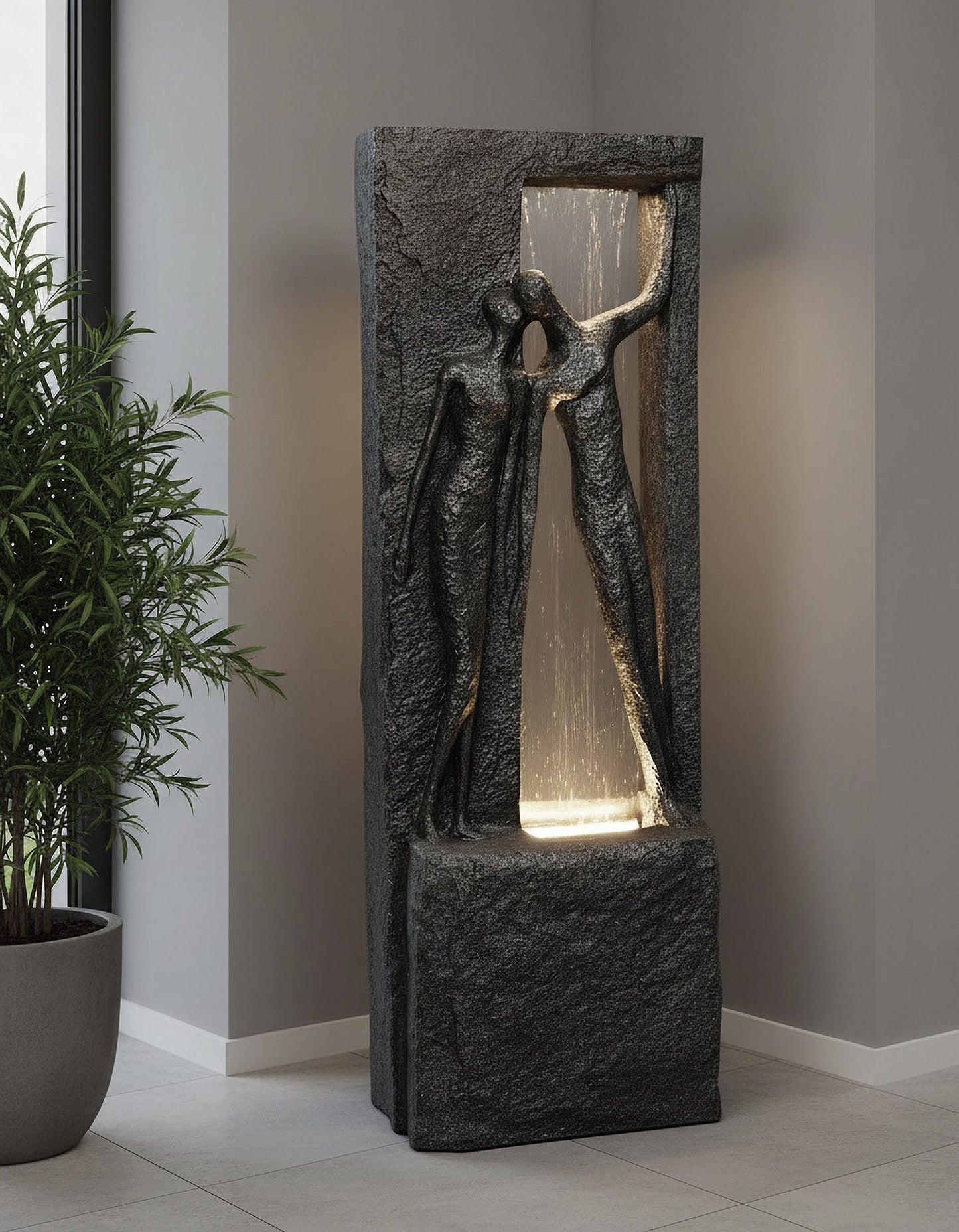 Springbrunnen Gartenbrunnen Zimmerbrunnen mit LED Beleuchtung 99,5cm mit Glasplatte Bronze-Steinoptik