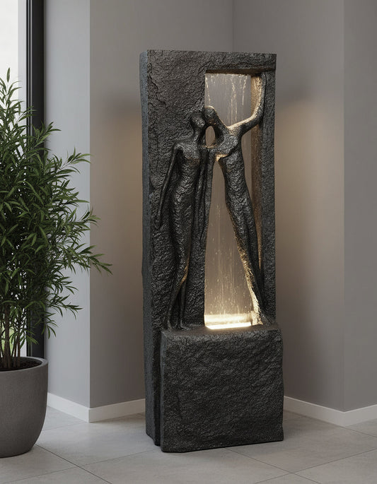 Springbrunnen Gartenbrunnen Zimmerbrunnen mit LED Beleuchtung 99,5cm mit Glasplatte Bronze-Steinoptik