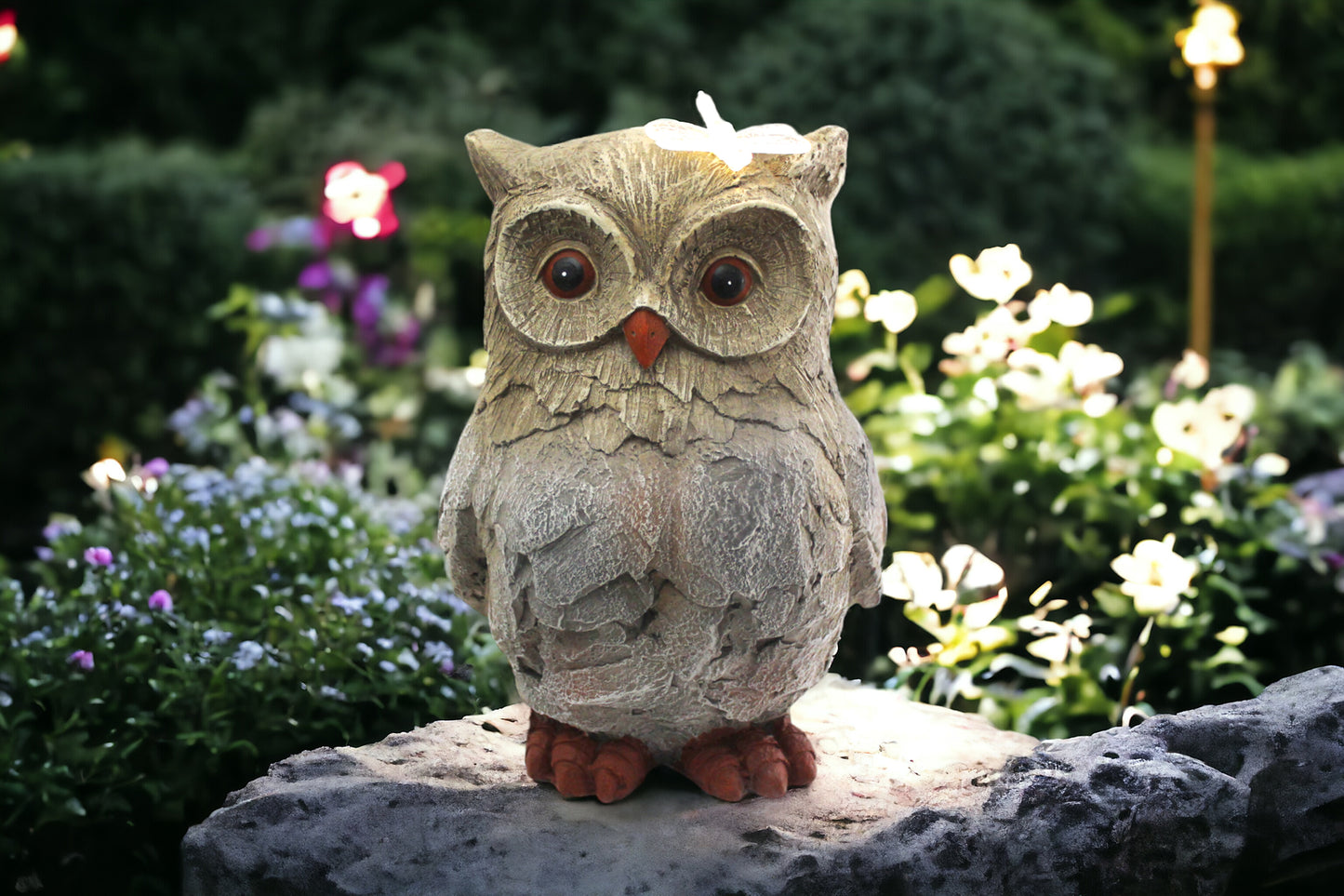 Gartenfigur Eule mit Solarbeleuchtung 35 cm Steinoptik Gartendekoration Solarleuchte Grau Kunststein