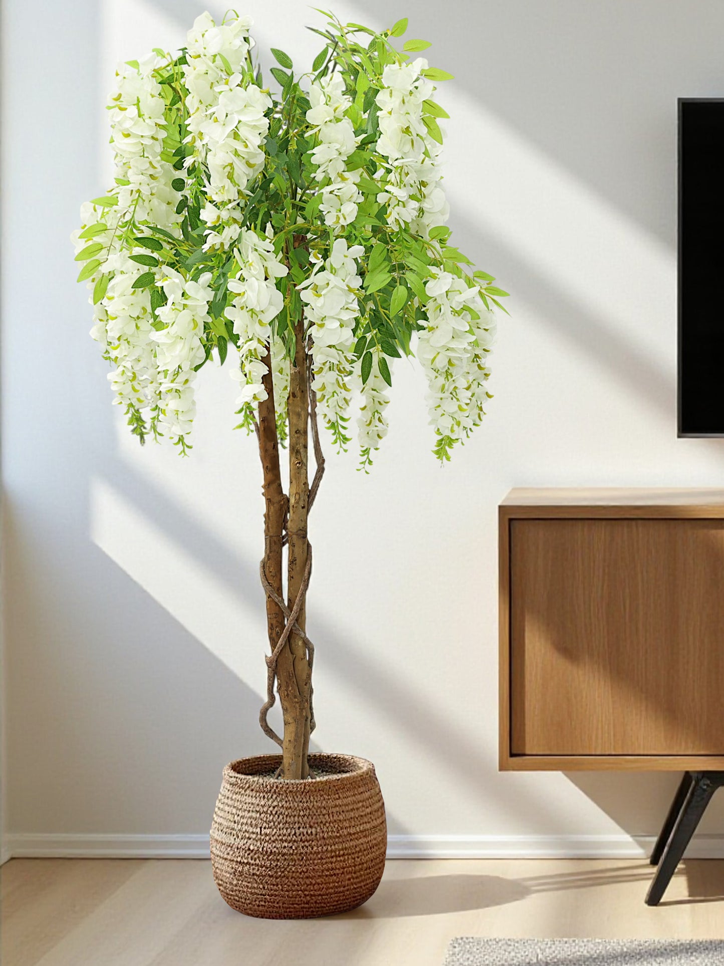 Kunstpflanze Wisteria im Topf 120 cm künstliche Pflanze weiße Blüten Dekopflanze