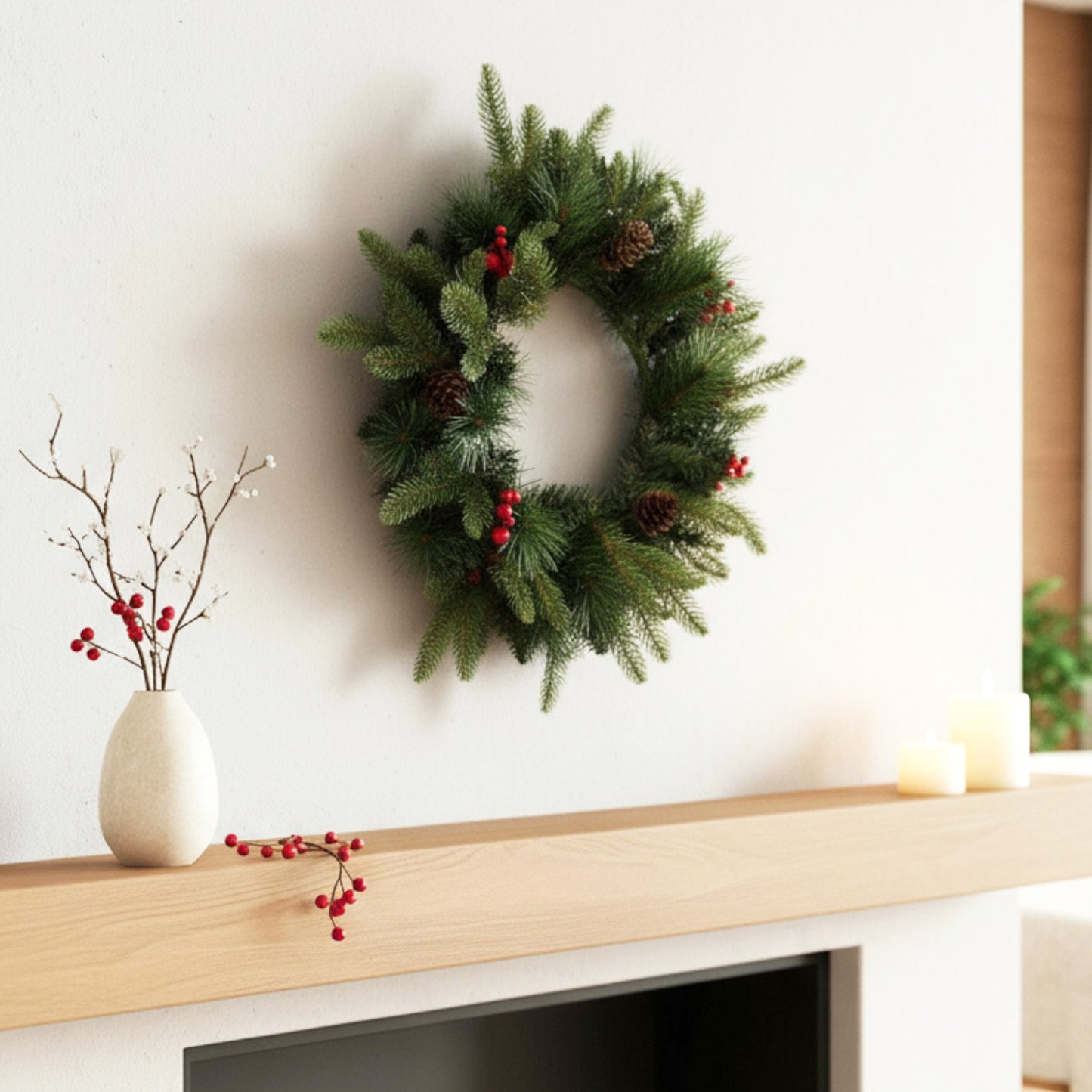 Künstlicher Weihnachtskranz 50 cm – Realistische Tannenzweige mit roten Ilex-Beeren & Tannenzapfen Deko-Kranz Spritzguss Mix