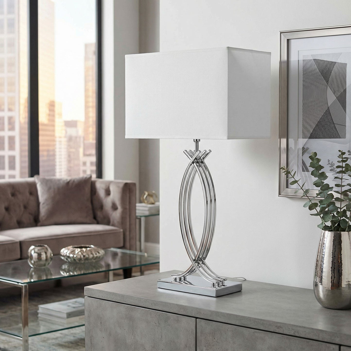 Tischlampe Chrom Design große Tischleuchte 74 cm Nachttischlampe weißer Schirm