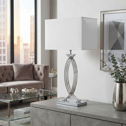 Tischlampe Chrom Design große Tischleuchte 74 cm Nachttischlampe weißer Schirm