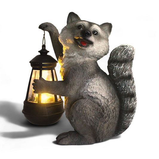Waschbär Solarleuchte mit LED Laterne Solarlampe Gartenfigur aus Polyresin – warmweißes Licht bei Dämmerung – wetterfeste Deko 21 cm mit austauschbarem Akku