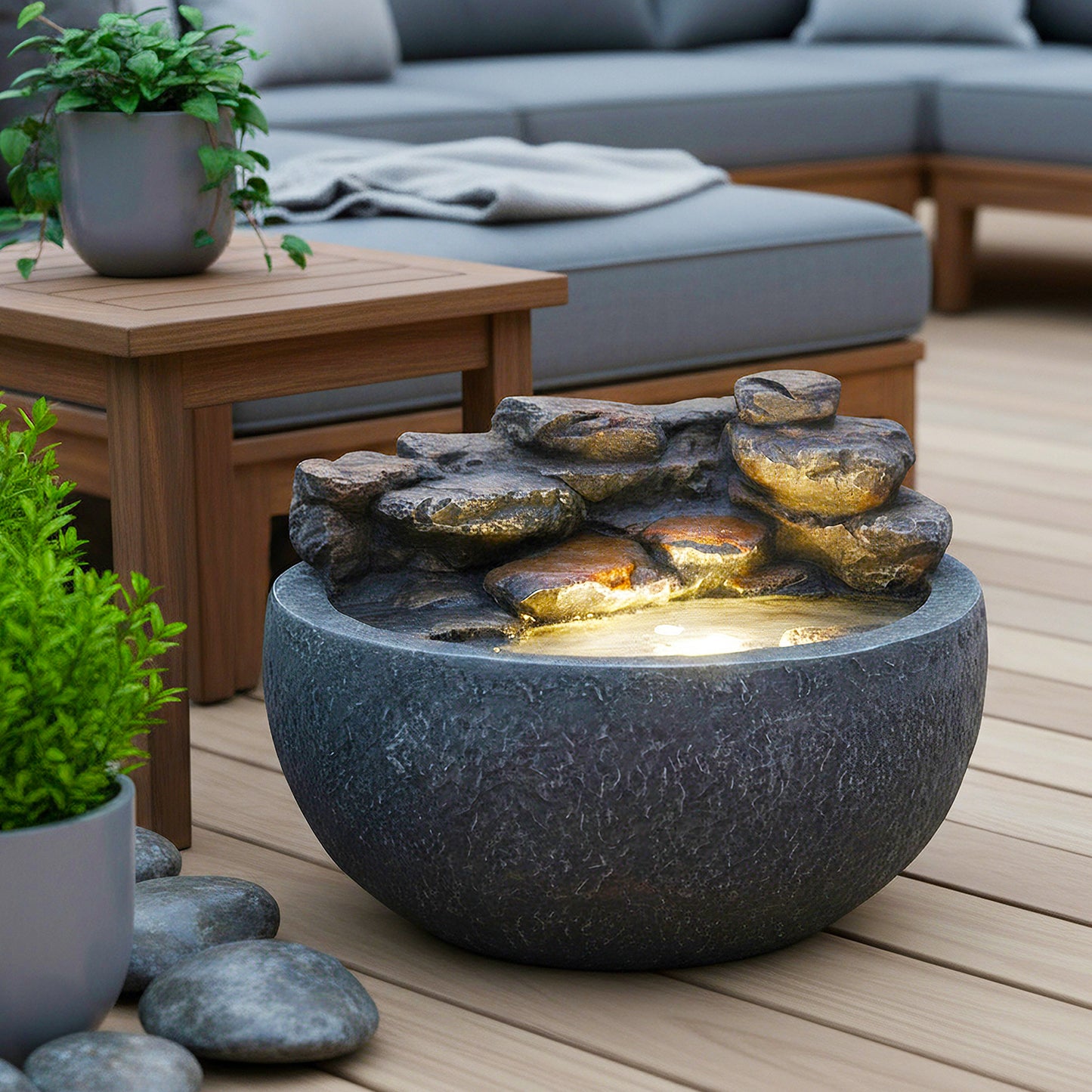 Springbrunnen mit LED Beleuchtung TP3003 Zimmerbrunnen rund Stein-Optik Wasserfall Gartenbrunnen 42x30 cm Wasserspiel Deko