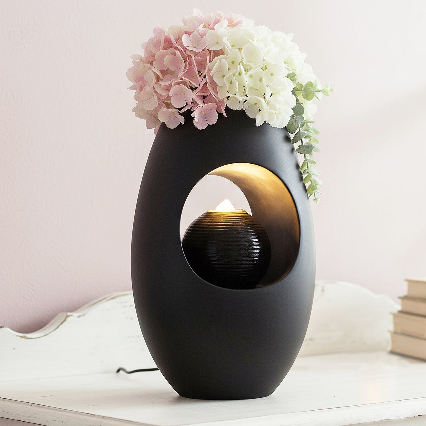 Zimmerbrunnen Blumenvase schwarz BK913 mit LED Beleuchtung Tischbrunnen Vase modern Brunnen Wasserspiel 40 cm