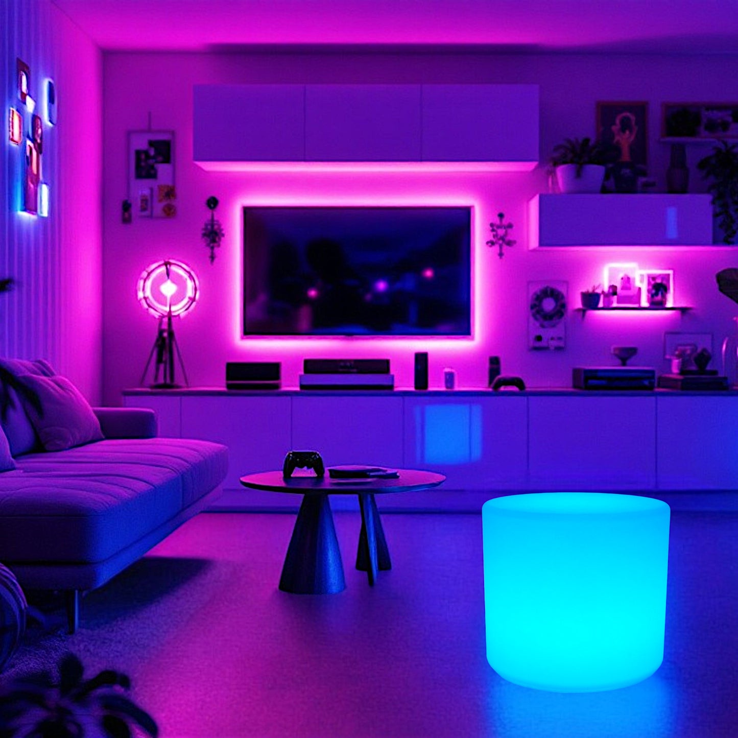 LED Hocker 45 cm hoch & 50 cm Ø Stylischer Leuchthocker Beistelltisch, Akku & Fernbedienung Lounge Möbel