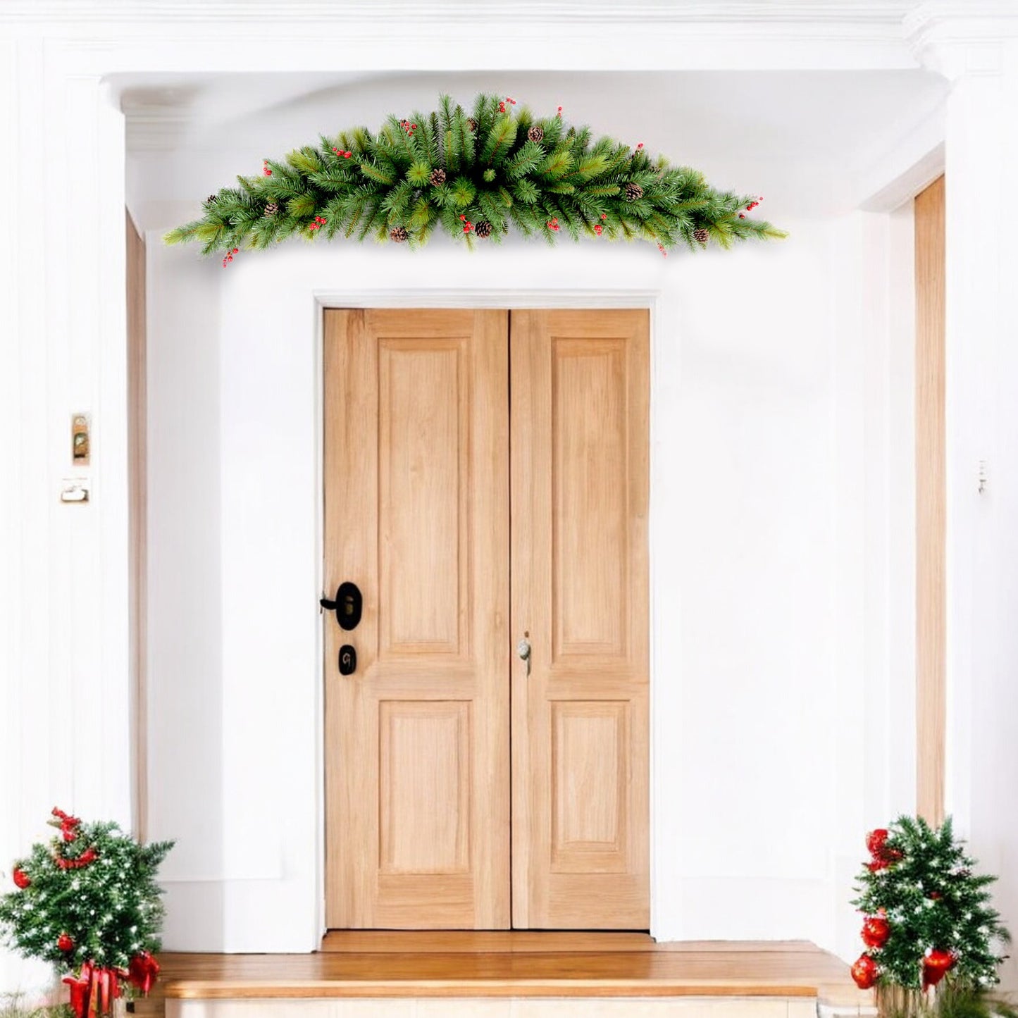 Künstliche Tannengirlande Türbogen Weihnachtsgirlande 180 cm mit roten Ilex Beeren Weihnachtsdekoration