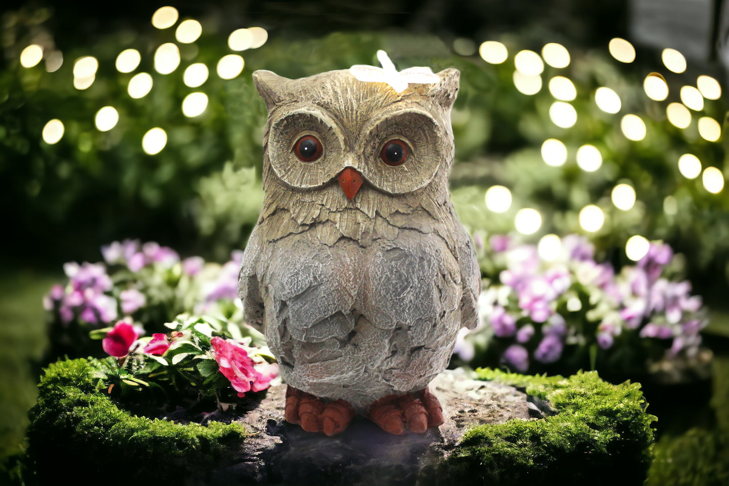 Gartenfigur Eule mit Solarbeleuchtung 35 cm Steinoptik Gartendekoration Solarleuchte Grau Kunststein