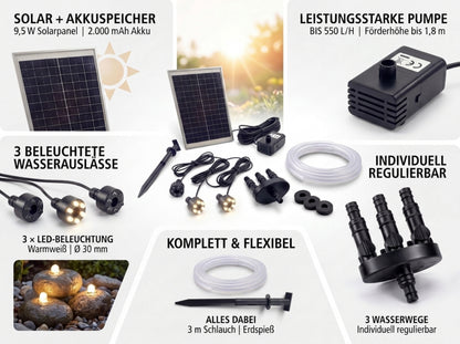 Solar Akku Pumpe Springbrunnenpumpen Komplett-Set 550 l/h mit LED-Beleuchtung