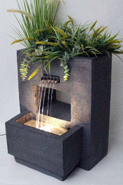 Gartenbrunnen mit Beleuchtung bepflanzbar Betonoptik 57 cm Springbrunnen
