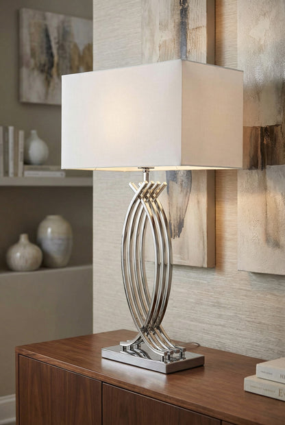 Tischlampe Chrom Design große Tischleuchte 74 cm Nachttischlampe weißer Schirm