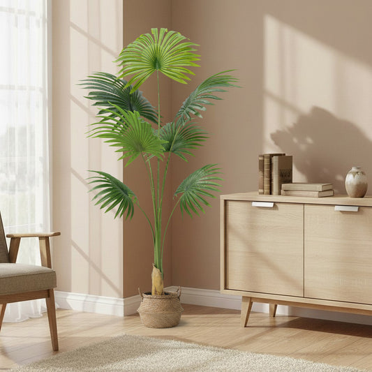 Künstliche Fächerpalme 160 cm – Große Kunstpalme mit 7 Palmenwedeln – Pflegeleichte Dekopflanze aus Kunststoff – Realistische Zimmerpflanze im Topf für Wohnzimmer & Büro