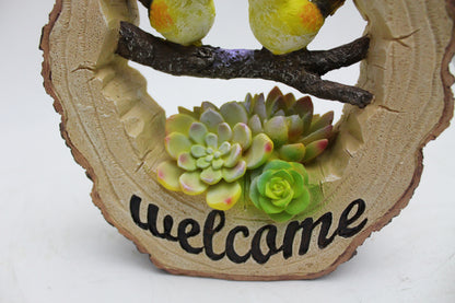 Solar Gartenfigur Welcome Baumstamm mit Vögeln Schild Figur beleuchtet