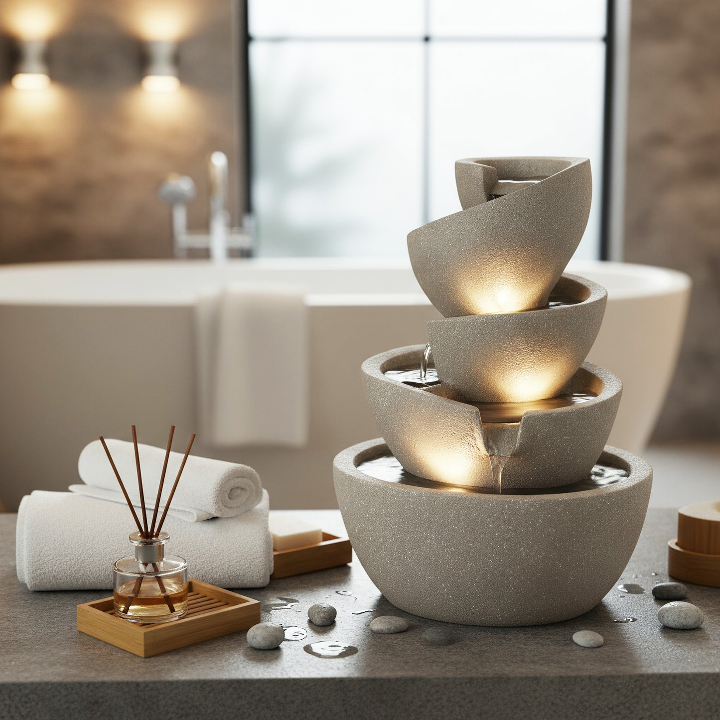 Zimmerbrunnen mit LED Beleuchtung in warmweiß BK912 stilvoller Springbrunnen für Innen und Außen Gartenbrunnen Dekoration