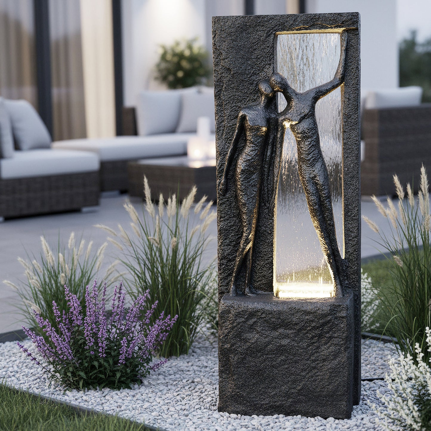 Springbrunnen Gartenbrunnen Zimmerbrunnen mit LED Beleuchtung 99,5cm mit Glasplatte Bronze-Steinoptik