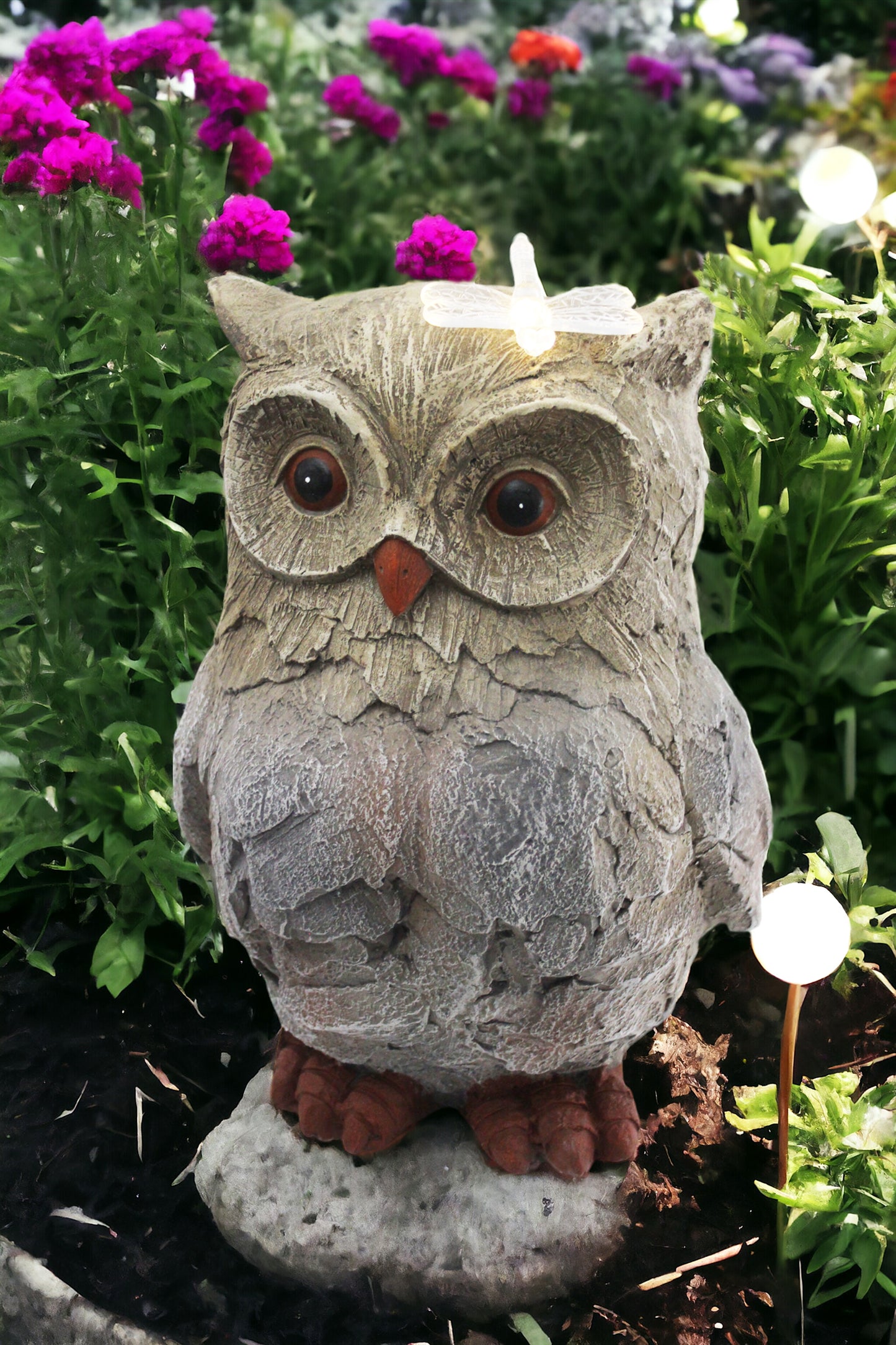 Gartenfigur Eule mit Solarbeleuchtung 35 cm Steinoptik Gartendekoration Solarleuchte Grau Kunststein