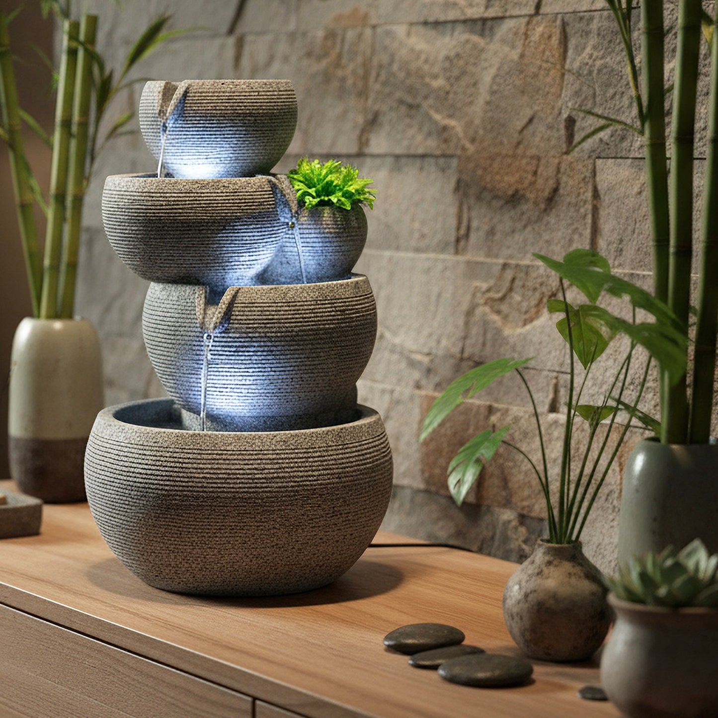 Zimmerbrunnen mit LED Beleuchtung Brunnen Innen- und Außenbereich Granit-Optik Springbrunnen Kaskade 44,5 cm