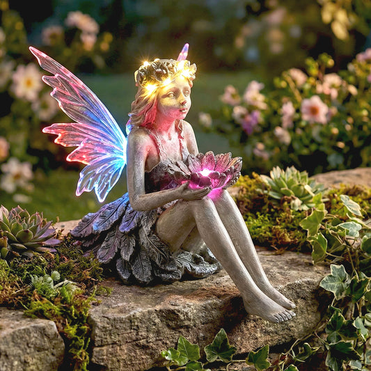 Solar Gartenfigur mit LED Beleuchtung Fee TF403 Dekorative Gartendeko in Betonoptik Wetterfeste Solarleuchte für Garten, Terrasse und Balkon