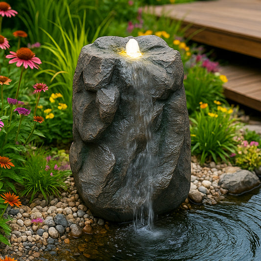 Künstlicher Quellsteinfelsen mit LED Beleuchtung OG-KQS001 Realistische Steinoptik, inkl. 2 m Schlauch – Wetterfest für Teich & Bachlauf
