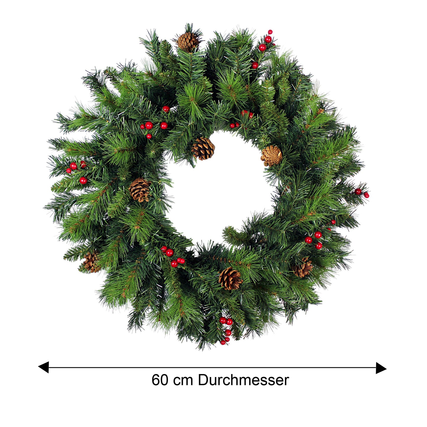 Künstlicher Weihnachtskranz 60 cm – Realistische Tannenzweige mit roten Ilex-Beeren & Tannenzapfen Deko-Kranz