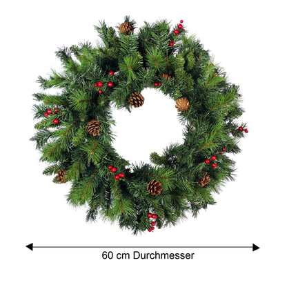Künstlicher Weihnachtskranz 60 cm – Realistische Tannenzweige mit roten Ilex-Beeren & Tannenzapfen Deko-Kranz