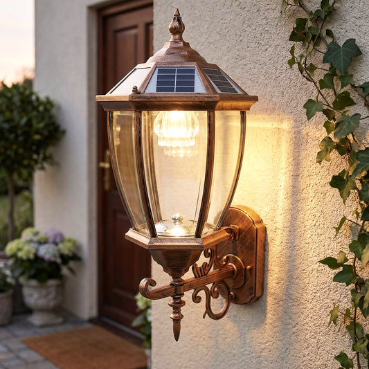 Solar Außenwandleuchte im Vintage Design – LED Gartenlaterne für die Wand kabellos, Warmweiß oder Kaltweiß wählbar, Dämmerungssensor, IP55 wetterfest Aluminium & Glas