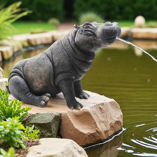 Solar Wasserspeier Nilpferd 34 cm detailreich Teichfigur Teichdeko Gartenfigur Gartendeko Springbrunnen Solarbrunnen Brunnen