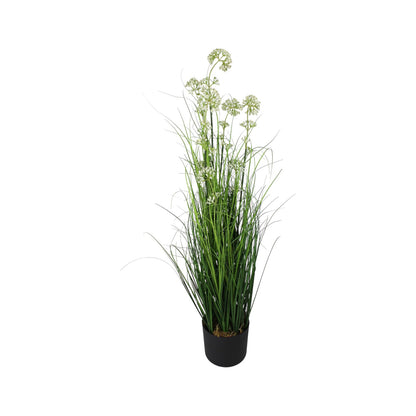 Künstliches Gras 90 cm mit weißen Blüten Kunstgras Dekogras Kunstpflanze künstliche Pflanze im Topf