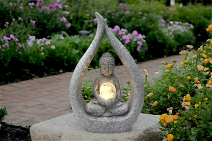 Solarleuchte Buddha Skulptur Granit-Optik mit Glaskugel moderne Solarlampe 30x15x46 cm