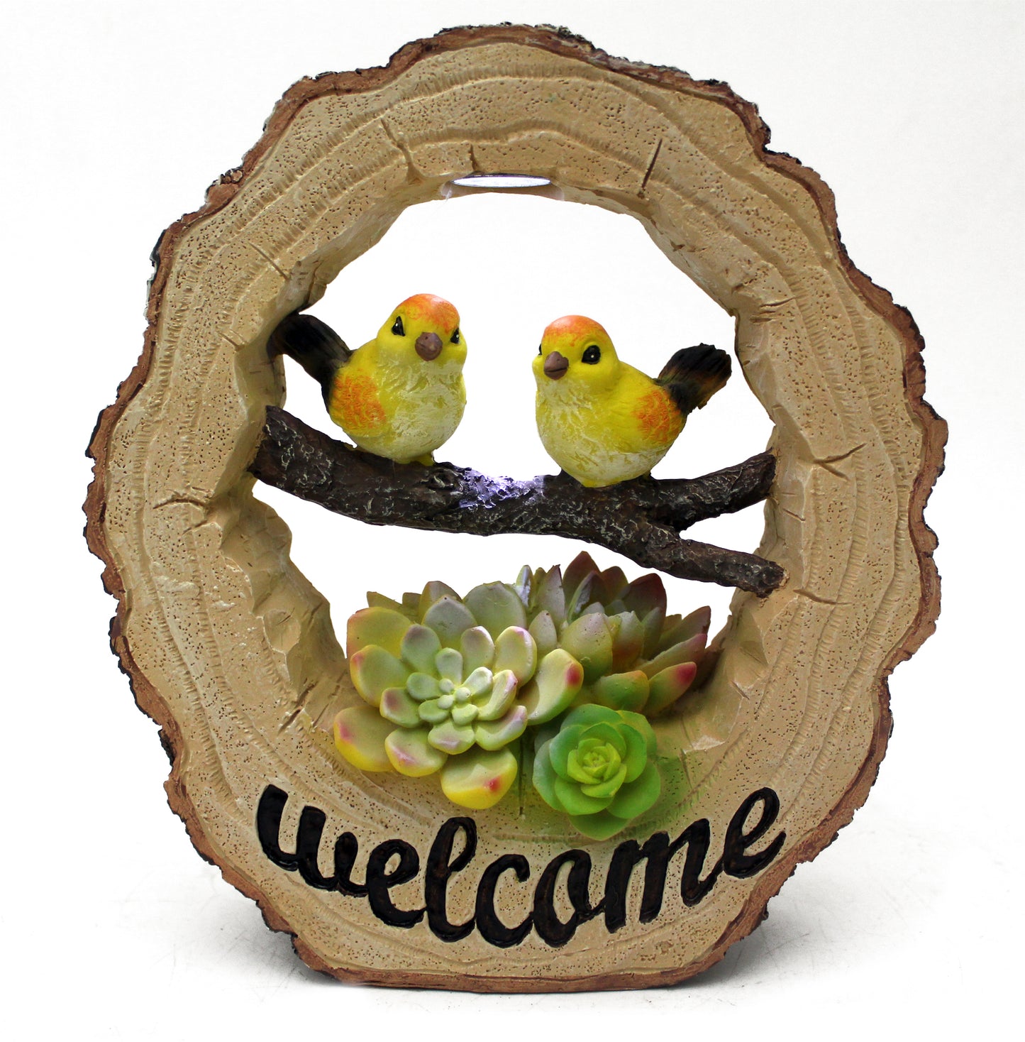 Solar Gartenfigur Welcome Baumstamm mit Vögeln Schild Figur beleuchtet