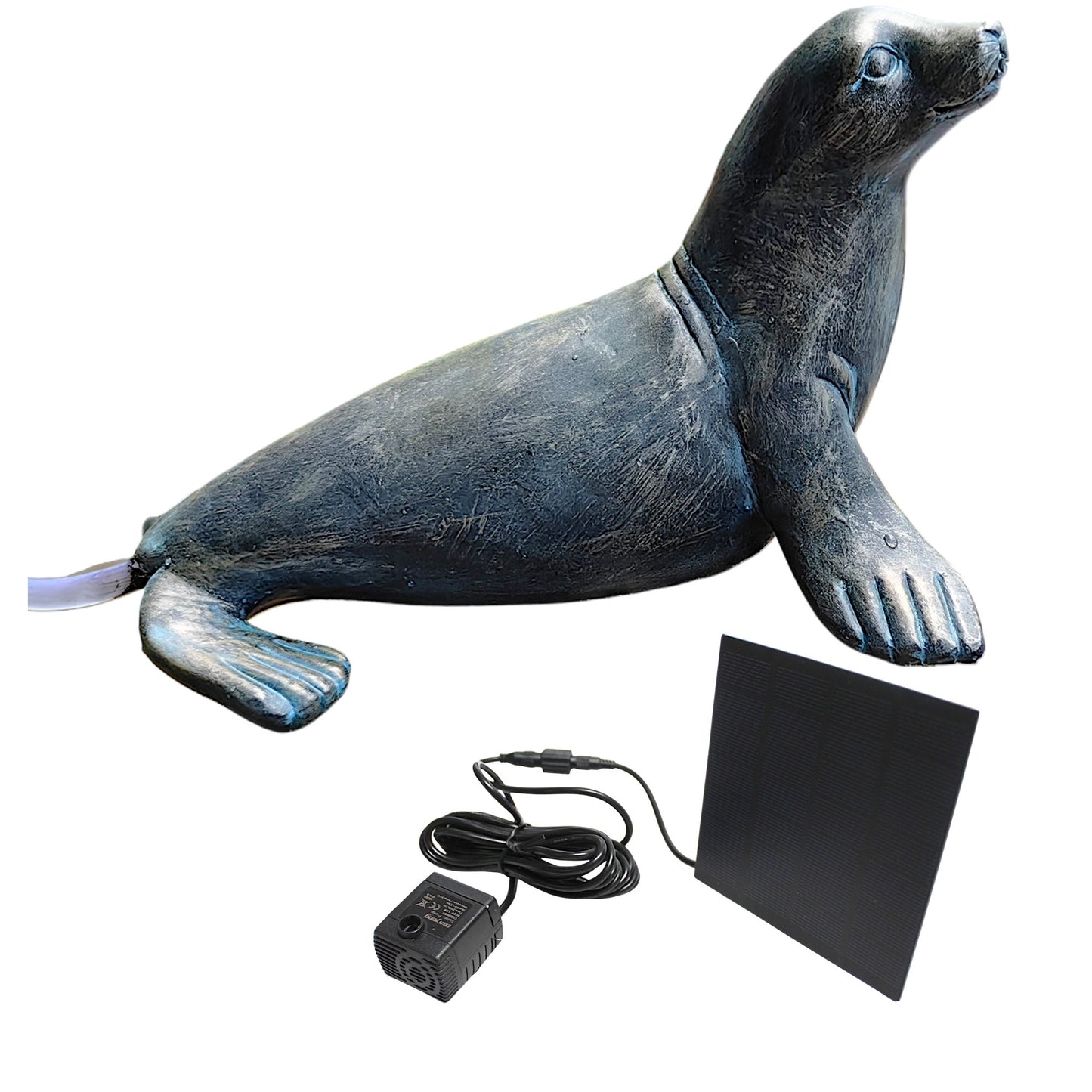Seehund Wasserspeier solarbetrieben – Teichfigur mit Solarpumpe & Wasserspiel – Gartendeko aus Polyresin in Bronze-Optik – 30 × 23 × 20 cm – Solarteichfigur für Gartenteich & Wasserlauf
