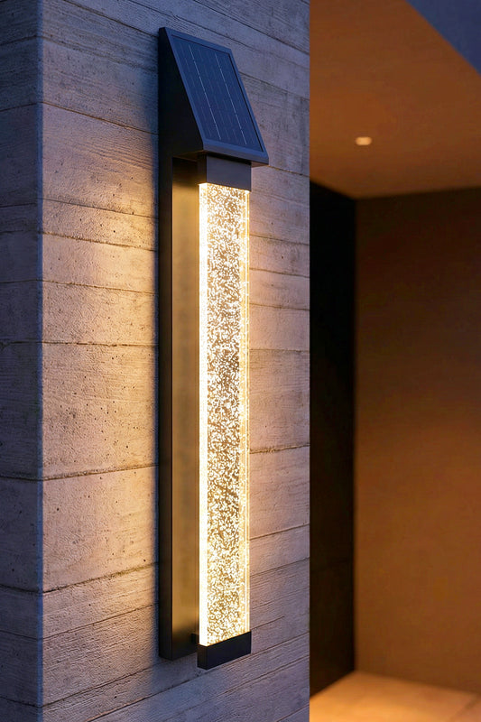 Solar Außenwandleuchte Edelstahl mit Acrylglas Luftblasen LED warmweiß, Solar Wandlampe mit Fernbedienung & Dämmerungssensor, moderne Außenbeleuchtung Garten Terrasse Hauswand