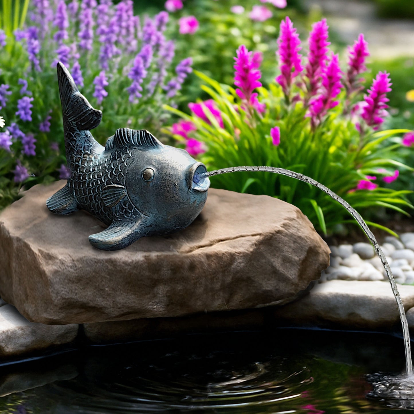 Fisch Karpfen Wasserspeier solarbetrieben – Teichfigur mit Solarpumpe & Wasserspiel – Gartendeko aus Polyresin in Bronze-Optik – 17,5 × 16 × 14 cm – Solarteichfigur für Gartenteich & Wasserlauf