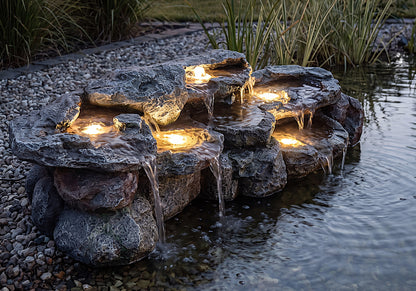 Großer Wasserfall für Teich BK-T200, 109 cm Kunstfelsen mit Pumpe & 5 LED