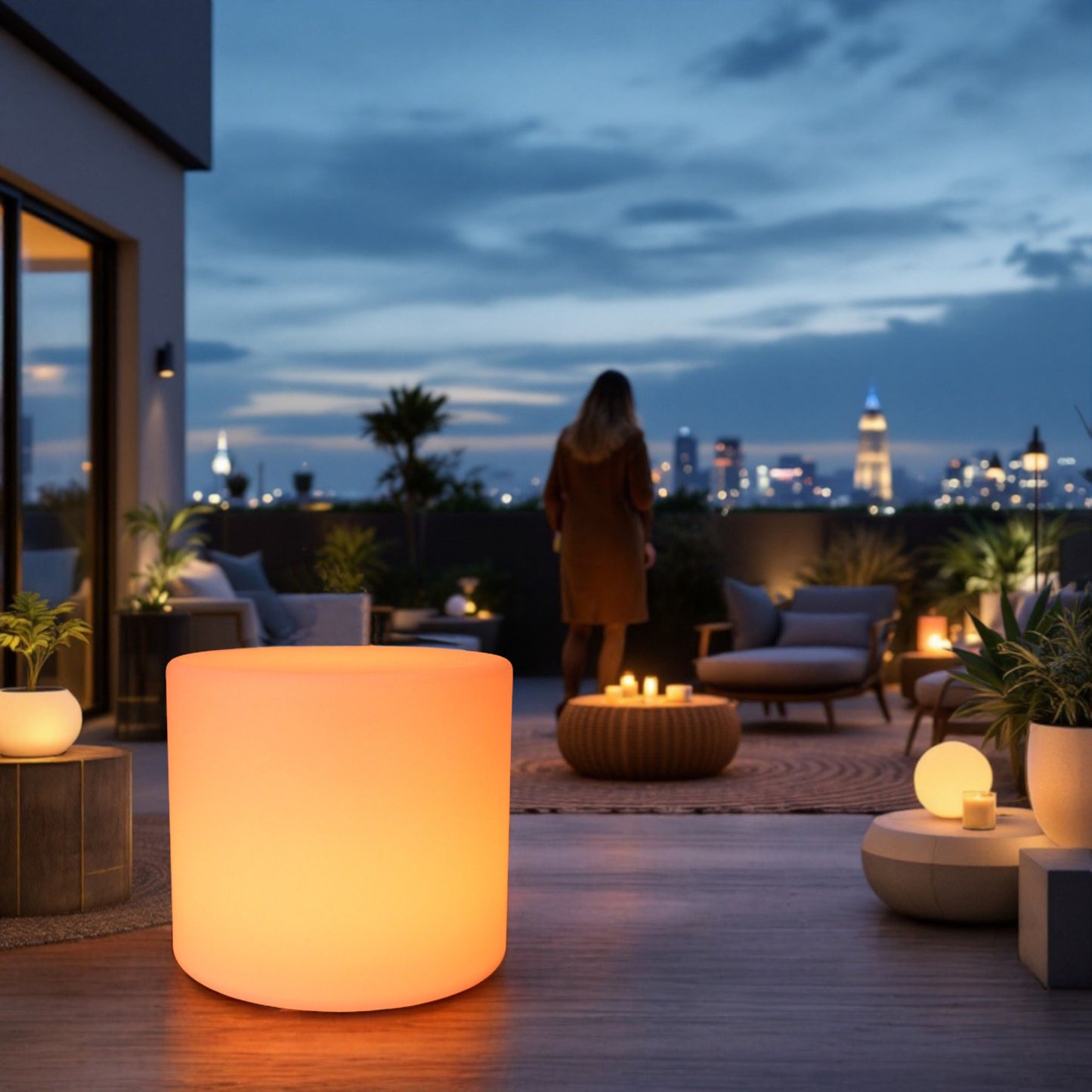 LED Hocker 45 cm hoch & 50 cm Ø Stylischer Leuchthocker Beistelltisch, Akku & Fernbedienung Lounge Möbel