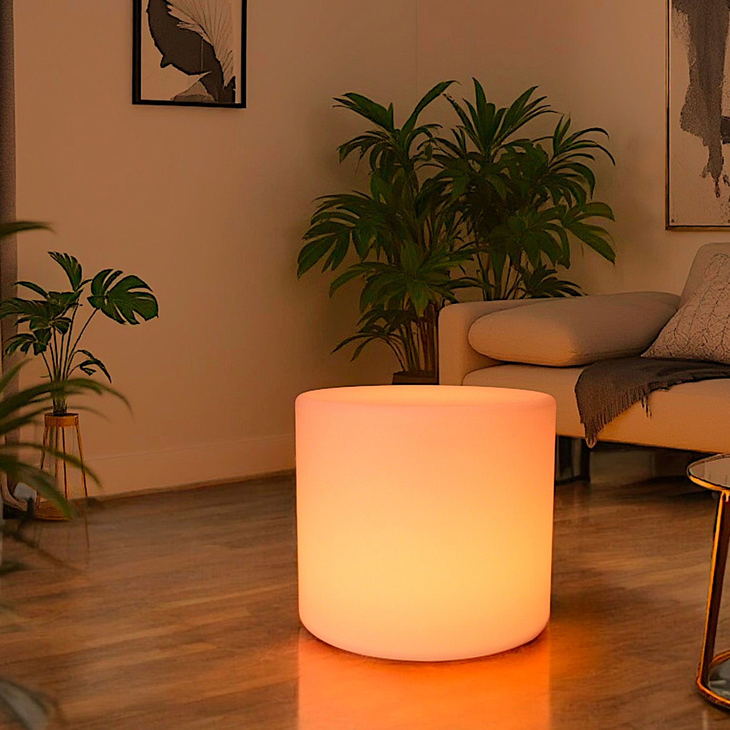 LED Hocker 45 cm hoch & 50 cm Ø Stylischer Leuchthocker Beistelltisch, Akku & Fernbedienung Lounge Möbel