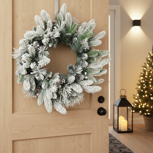 Künstlicher Weihnachtskranz 50 cm verschneit Kunstschnee Tannenzweige mit roten Ilex-Beeren & Tannenzapfen Deko-Kranz Spritzguss Mix