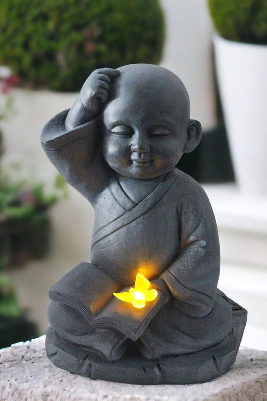 Solarleuchte Mönch Solarlampe Gartenfigur 41x30x24 cm Buddha mit Buch